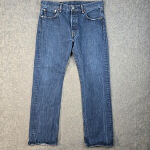 Levis 501 Jeans Mens 34x32 Blue Denim Button Fly Classic Straight Leg Dark Wash